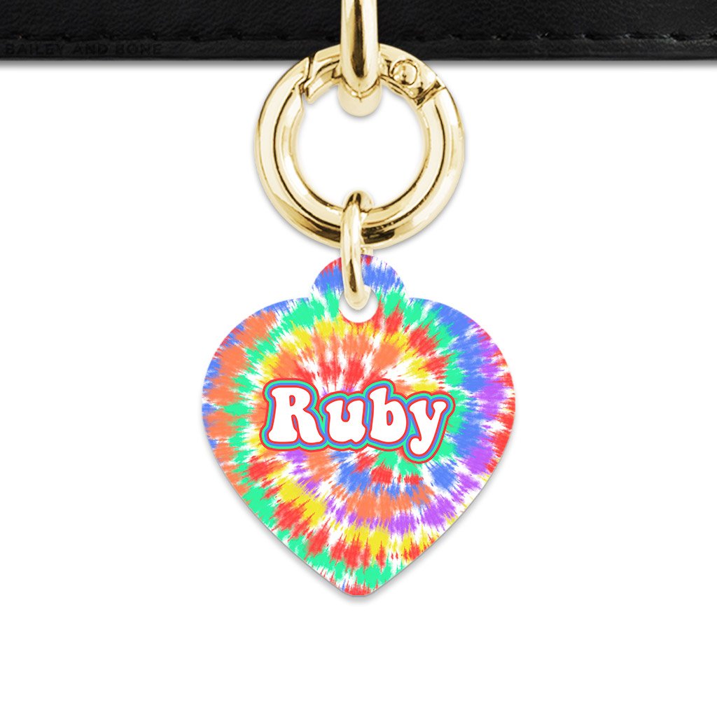Bailey And Bone Pet ID Tags Heart / Gold Rainbow Tie Dye Pet Tag