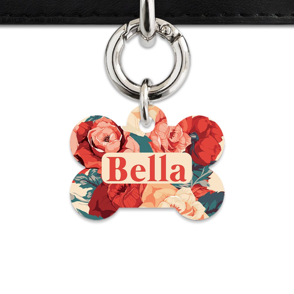 Bailey And Bone Pet Tag Beige And Red Roses Pet Tag