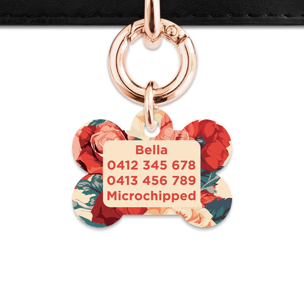 Bailey And Bone Pet Tag Beige And Red Roses Pet Tag