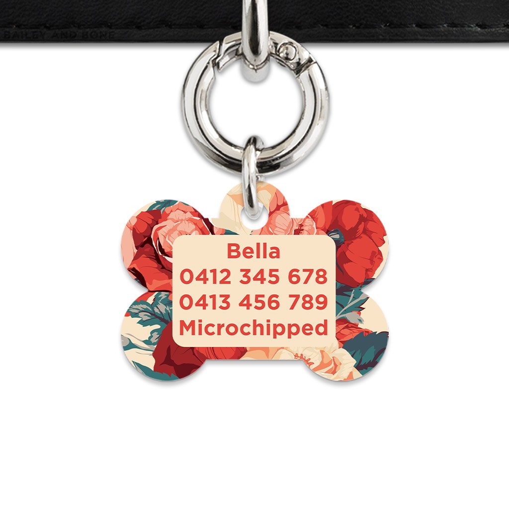 Bailey And Bone Pet Tag Beige And Red Roses Pet Tag