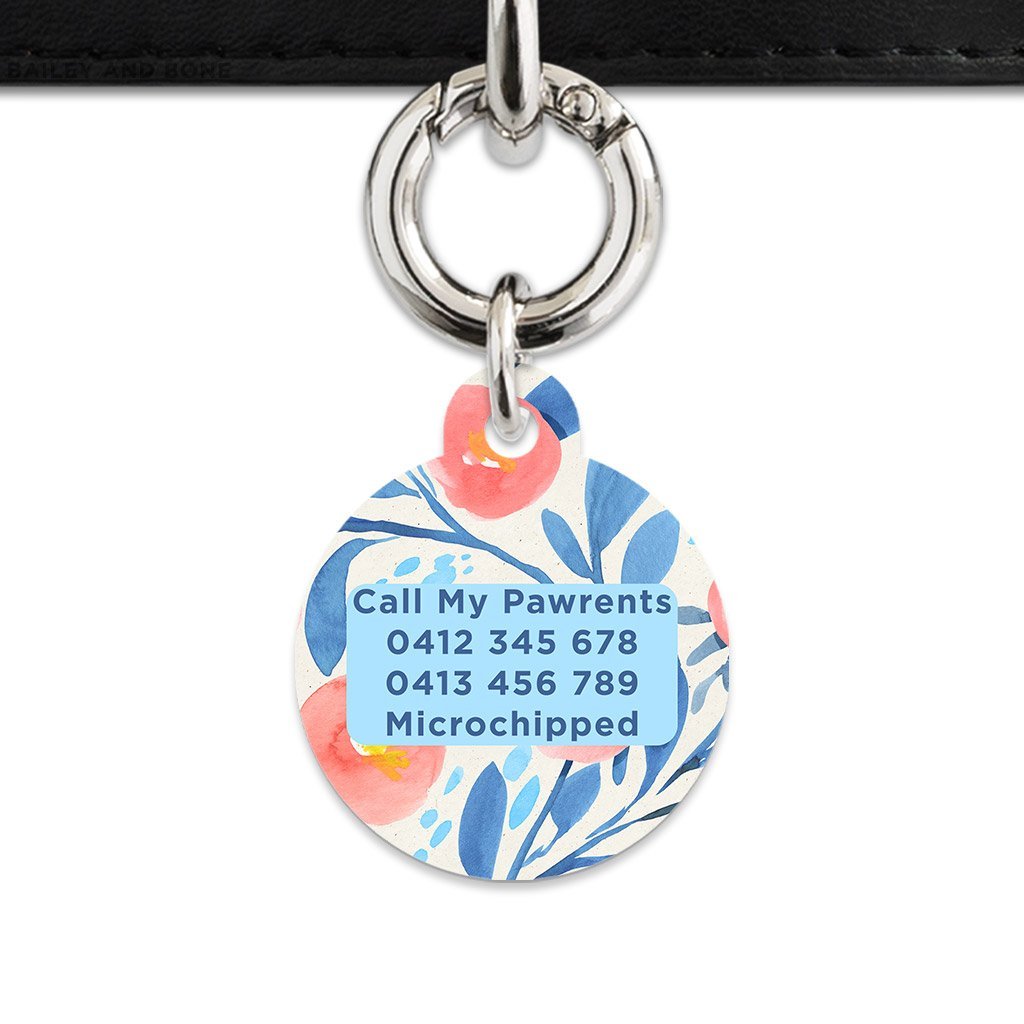 Bailey And Bone Pet Tag Blue And Pink Watercolour Flowers Pet Tag