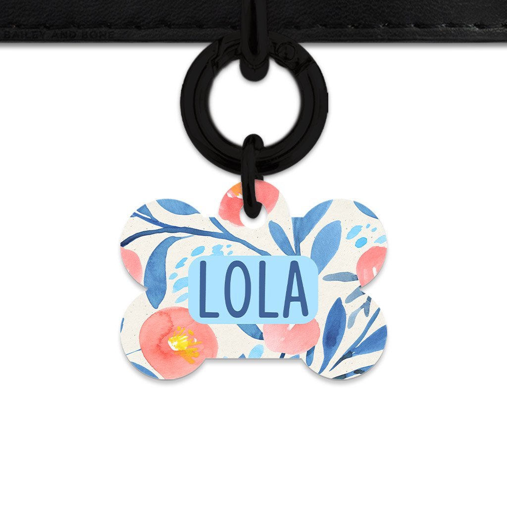 Bailey And Bone Pet Tag Bone / Black Blue And Pink Watercolour Flowers Pet Tag
