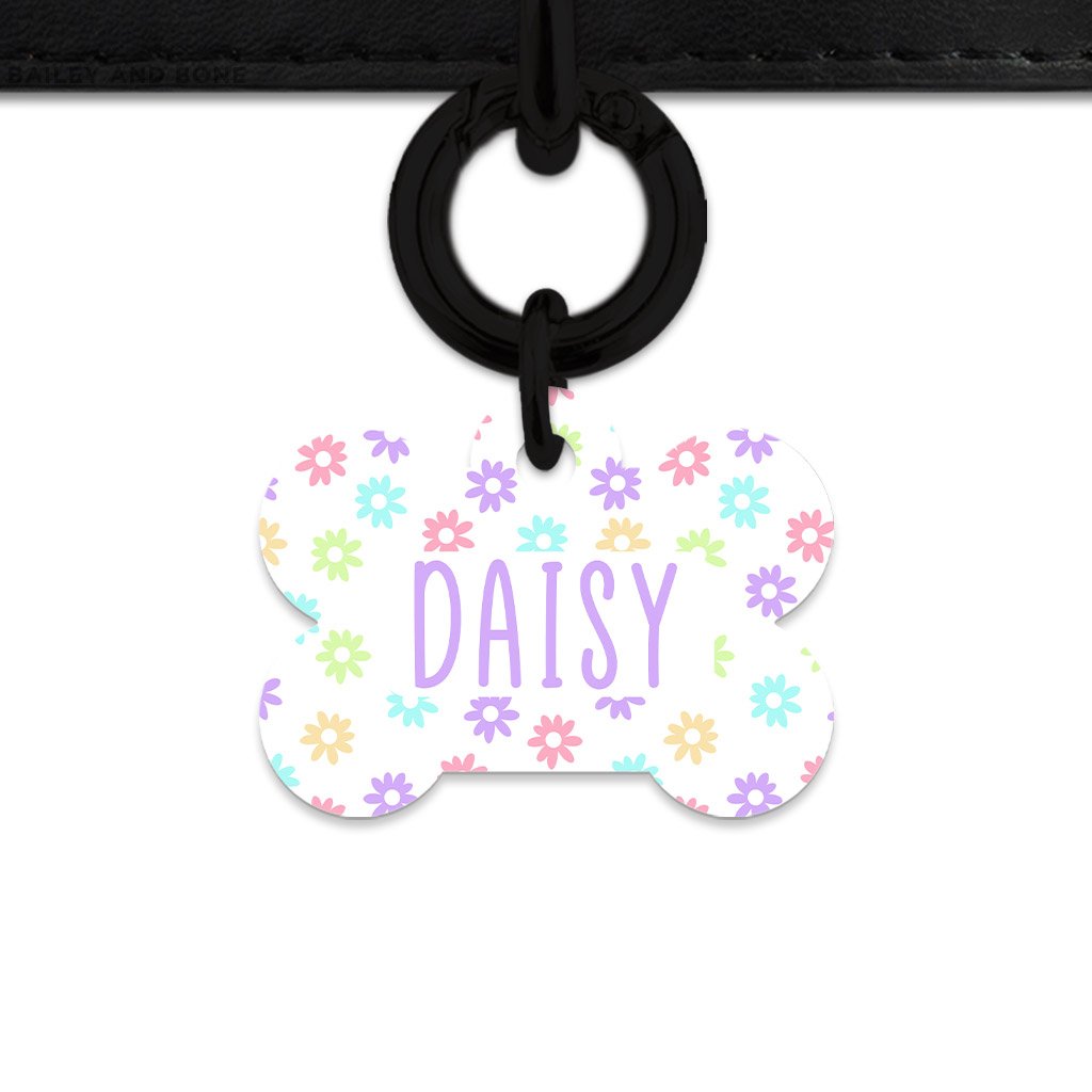 Bailey And Bone Pet Tag Bone / Black Pastel Daisy Pattern Pet Tag