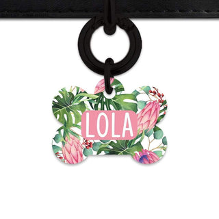 Bailey And Bone Pet Tag Bone / Black Pink And Green Tropical Flowers Pet Tag