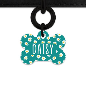 Bailey And Bone Pet Tag Bone / Black Teal Daisy Pattern Pet Tag