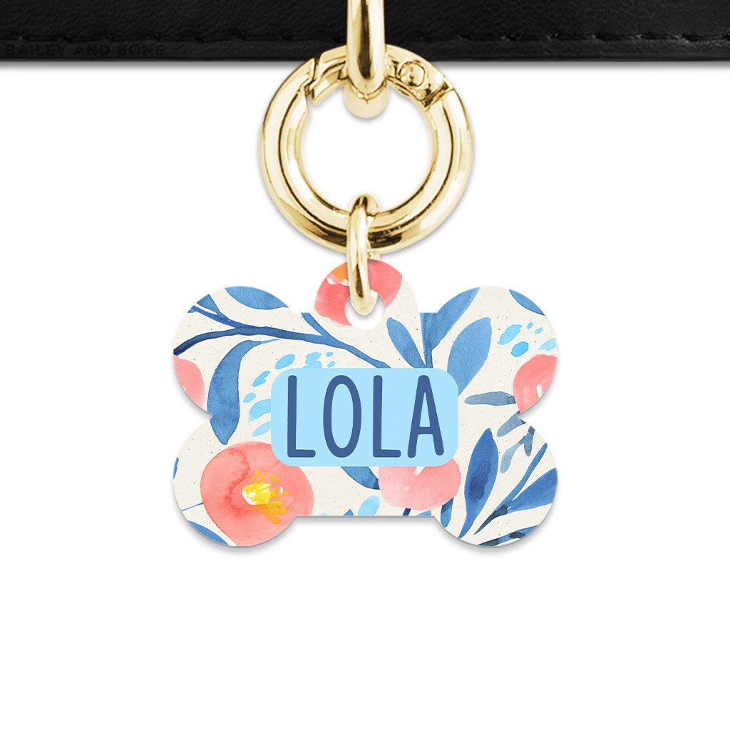 Bailey And Bone Pet Tag Bone / Gold Blue And Pink Watercolour Flowers Pet Tag