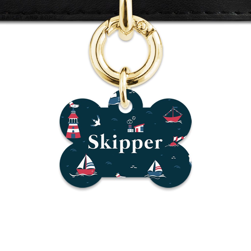 Bailey And Bone Pet Tag Bone / Gold Navy Blue Boats Pet Tag