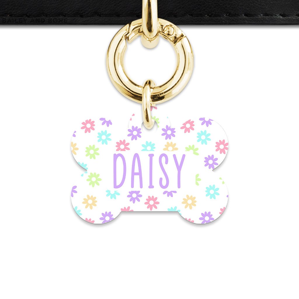 Bailey And Bone Pet Tag Bone / Gold Pastel Daisy Pattern Pet Tag