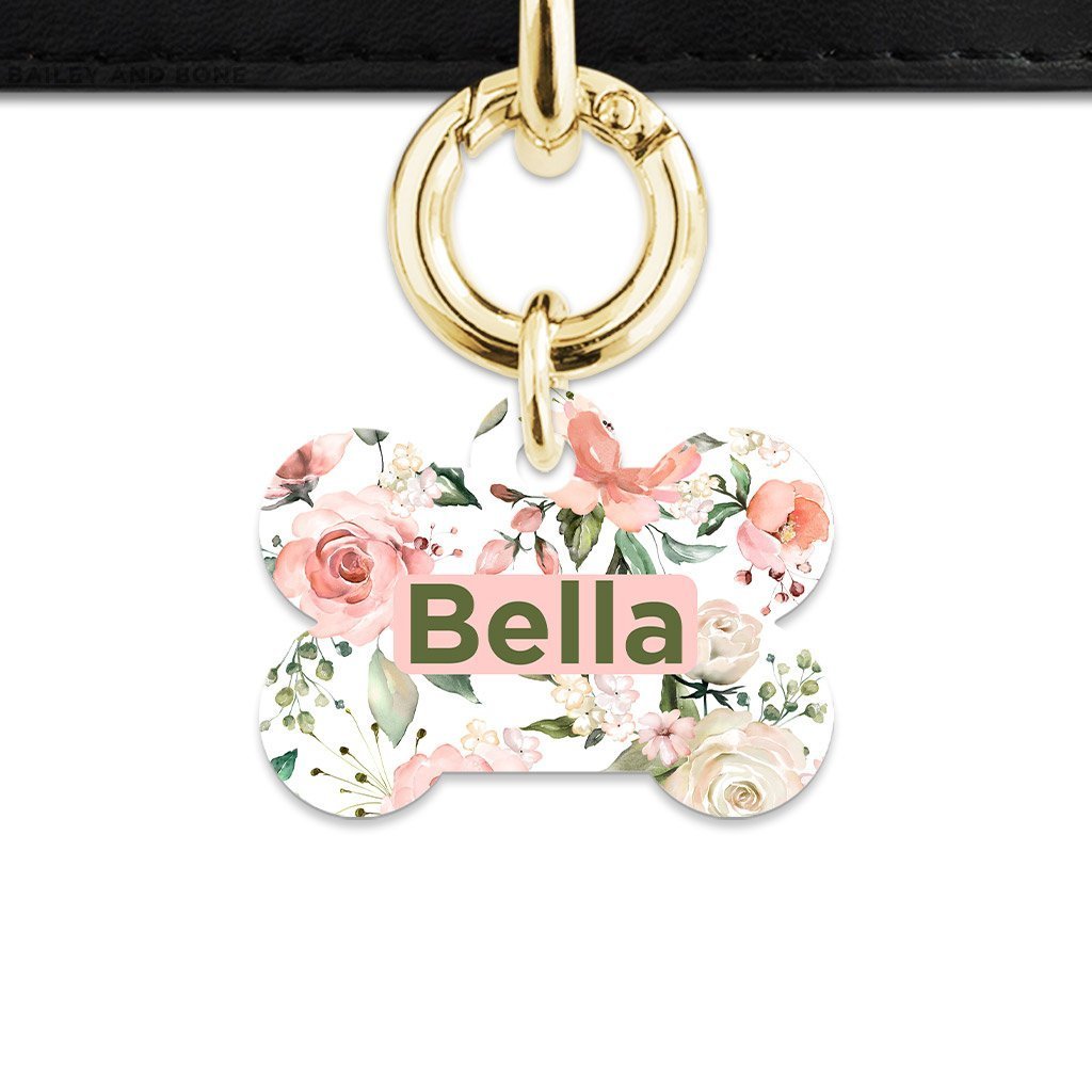 Bailey And Bone Pet Tag Bone / Gold Pink And Green Roses Pet Tag