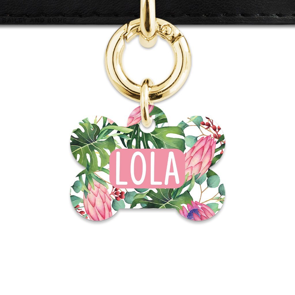 Bailey And Bone Pet Tag Bone / Gold Pink And Green Tropical Flowers Pet Tag