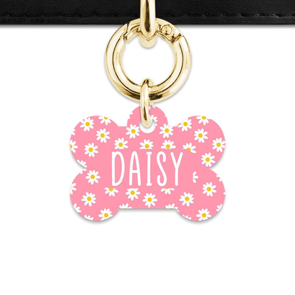 Bailey And Bone Pet Tag Bone / Gold Pink Daisy Pattern Pet Tag