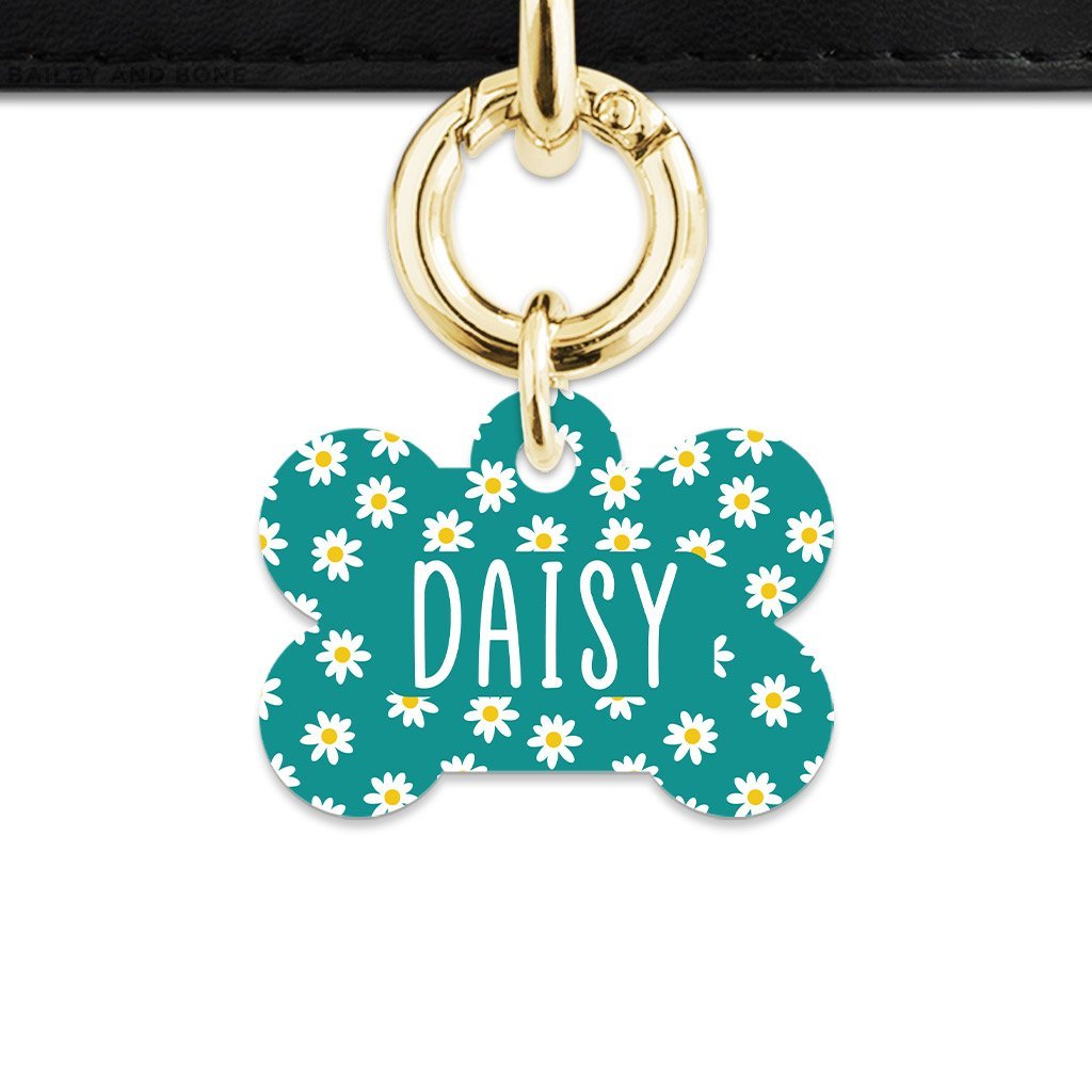 Bailey And Bone Pet Tag Bone / Gold Teal Daisy Pattern Pet Tag