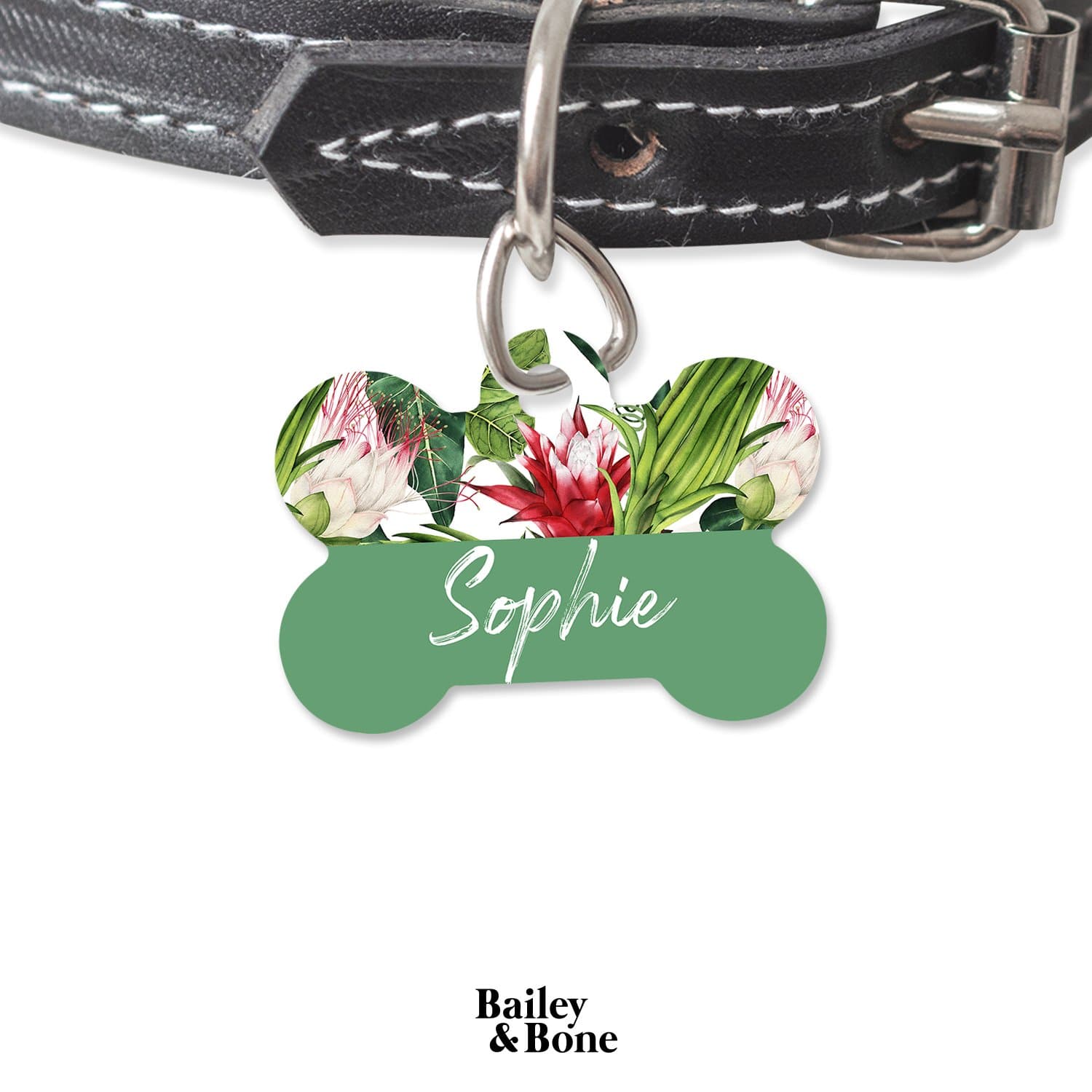 Bailey And Bone Pet Tag Bone Green and Red Floral Pet Tag