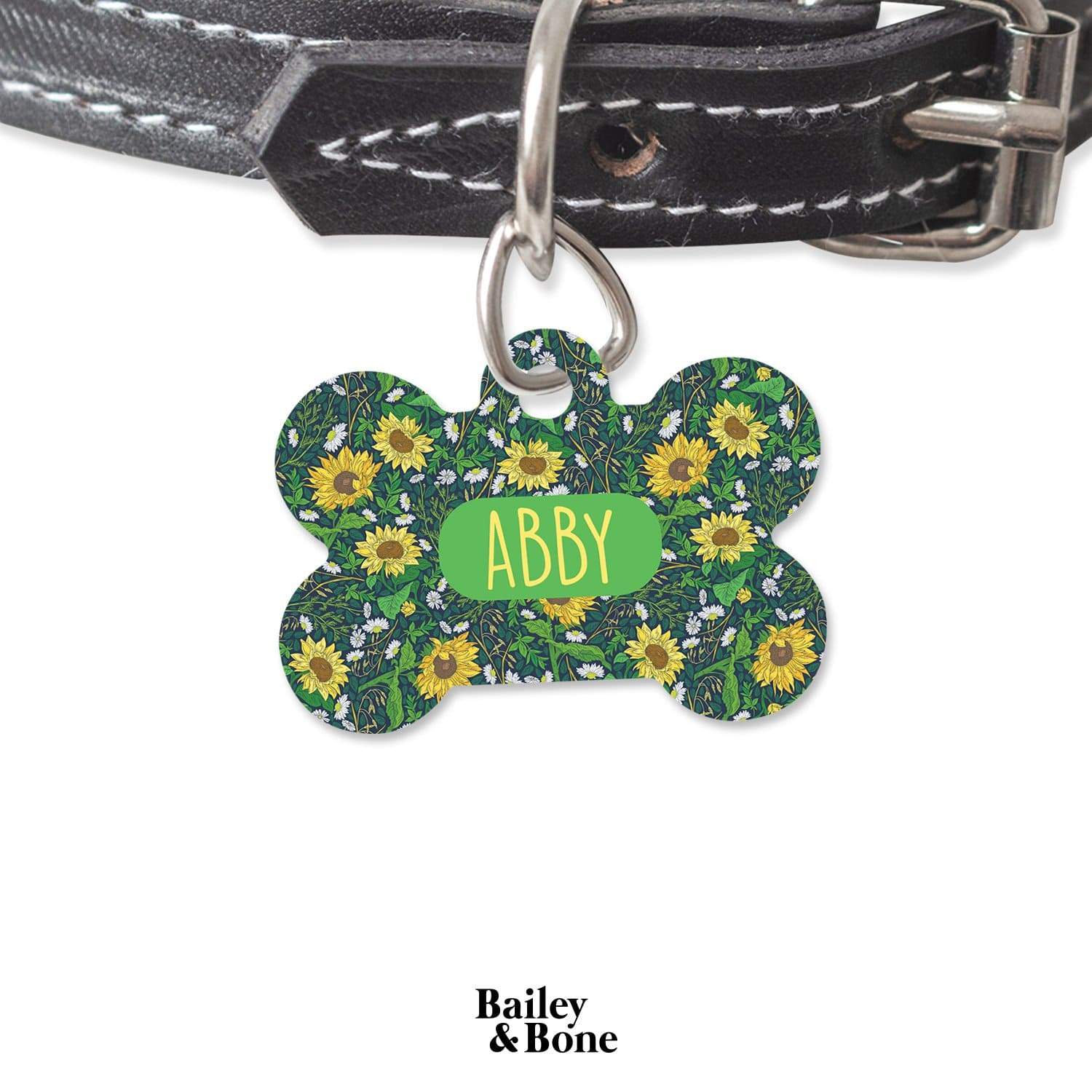Bailey And Bone Pet Tag Bone Green Garden Sunflowers Pet Tag