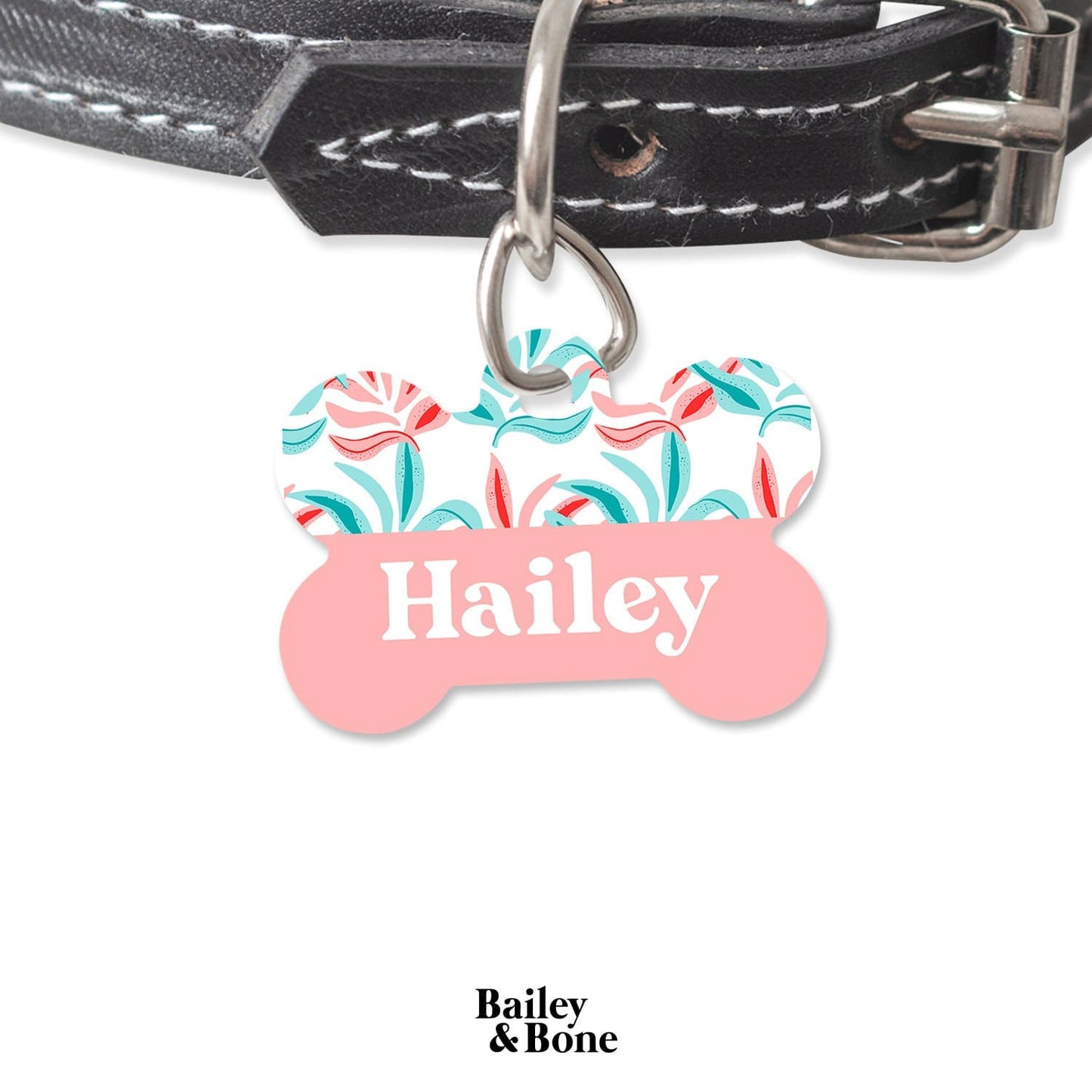 Bailey And Bone Pet Tag Bone Pink And Blue Tropical Leaves Pet Tag