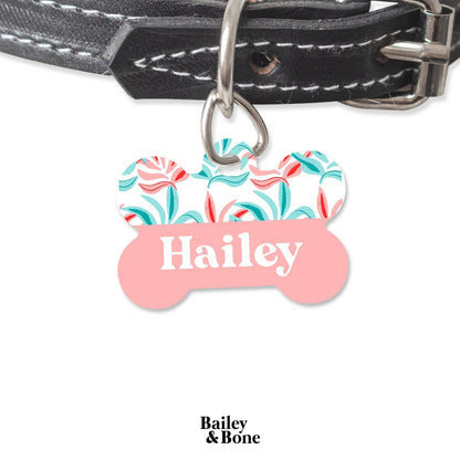 Bailey And Bone Pet Tag Bone Pink And Blue Tropical Leaves Pet Tag