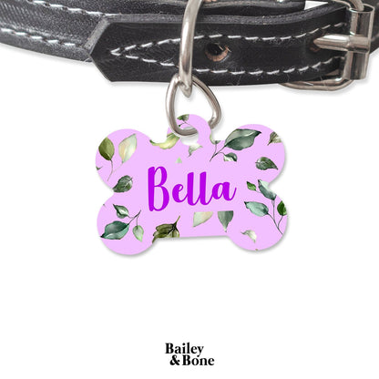 Bailey And Bone Pet Tag Bone Purple And Green Leaves Pet Tag