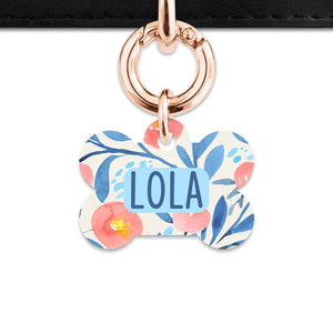 Bailey And Bone Pet Tag Bone / Rose Gold Blue And Pink Watercolour Flowers Pet Tag