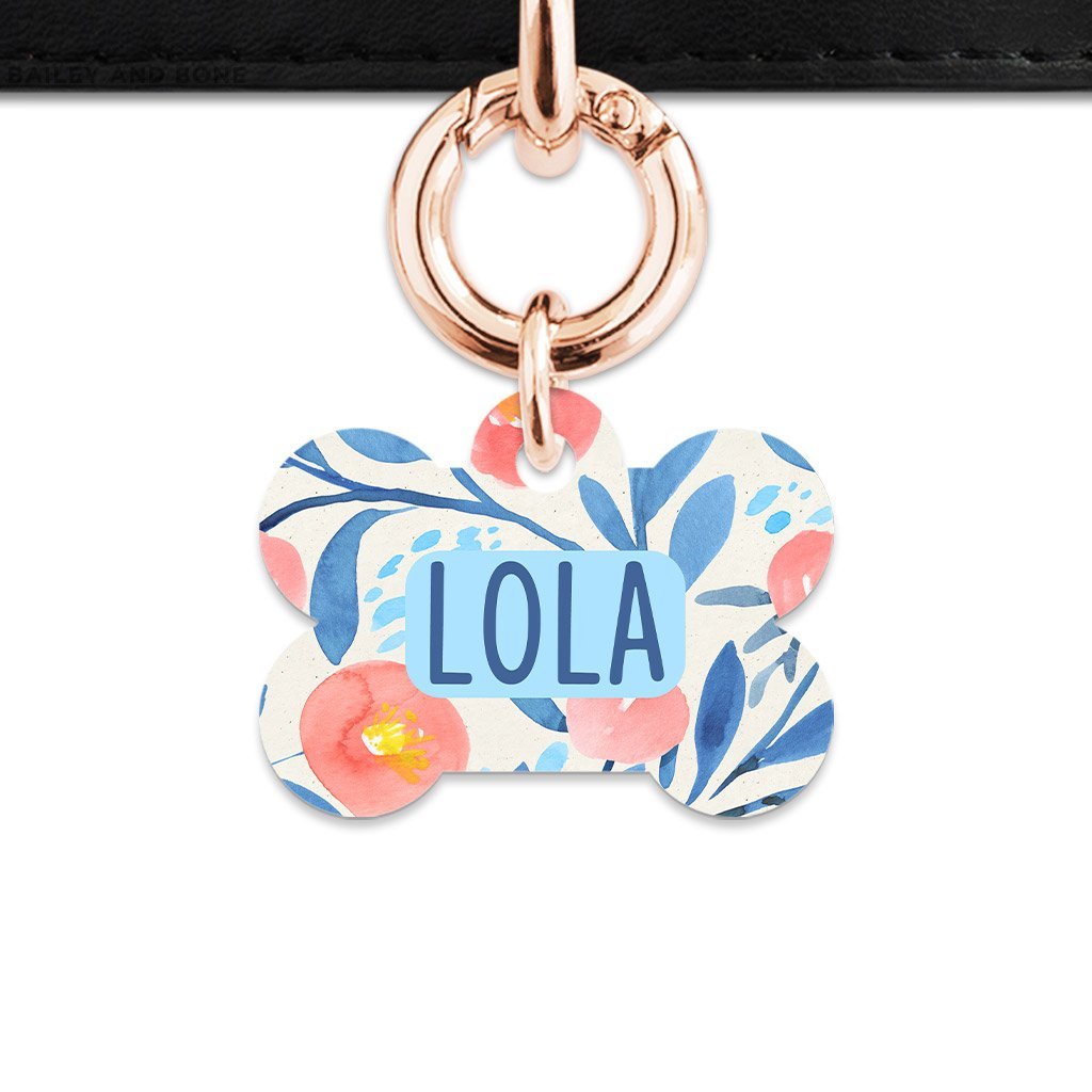 Bailey And Bone Pet Tag Bone / Rose Gold Blue And Pink Watercolour Flowers Pet Tag