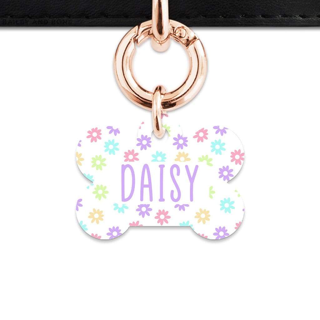 Bailey And Bone Pet Tag Bone / Rose Gold Pastel Daisy Pattern Pet Tag