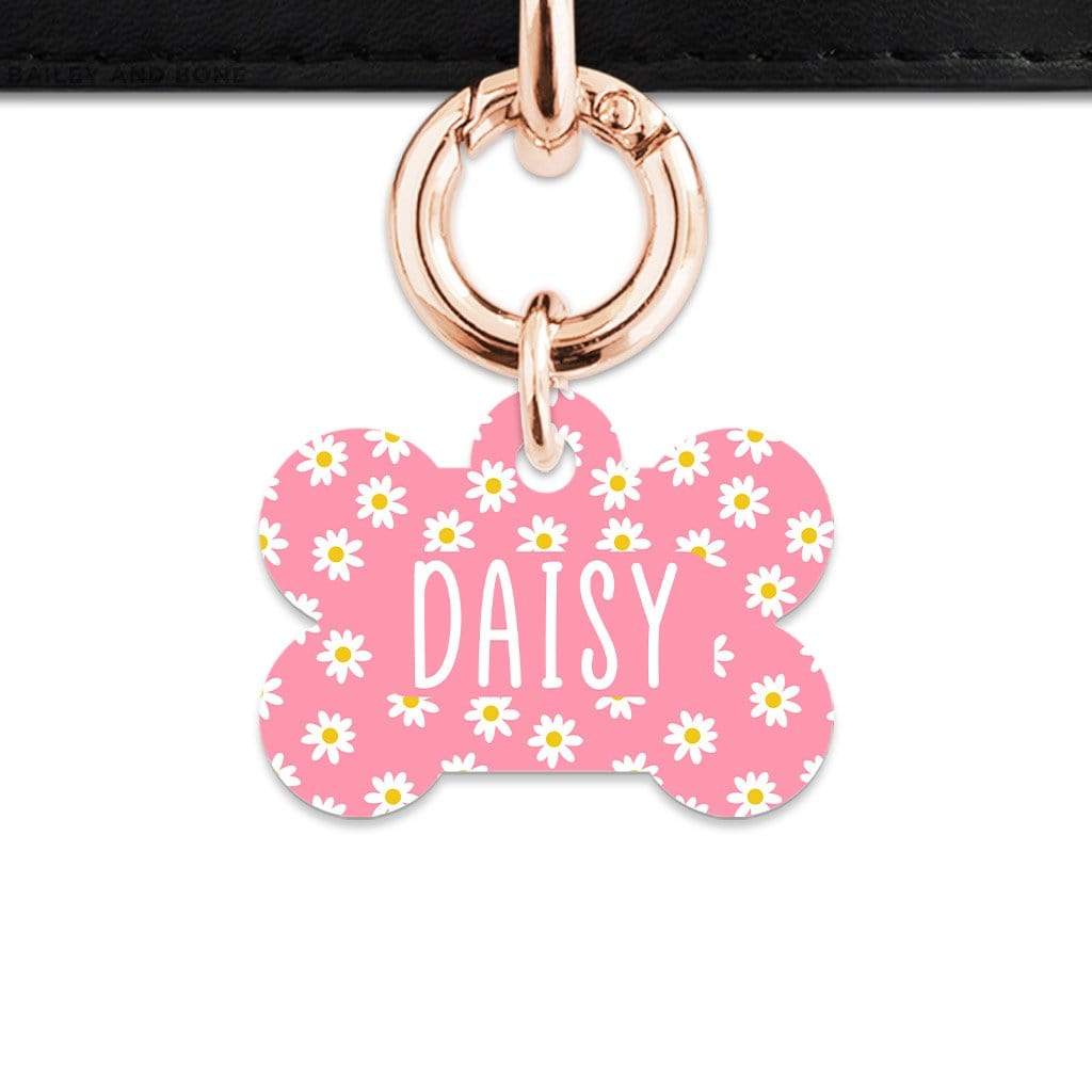 Bailey And Bone Pet Tag Bone / Rose Gold Pink Daisy Pattern Pet Tag