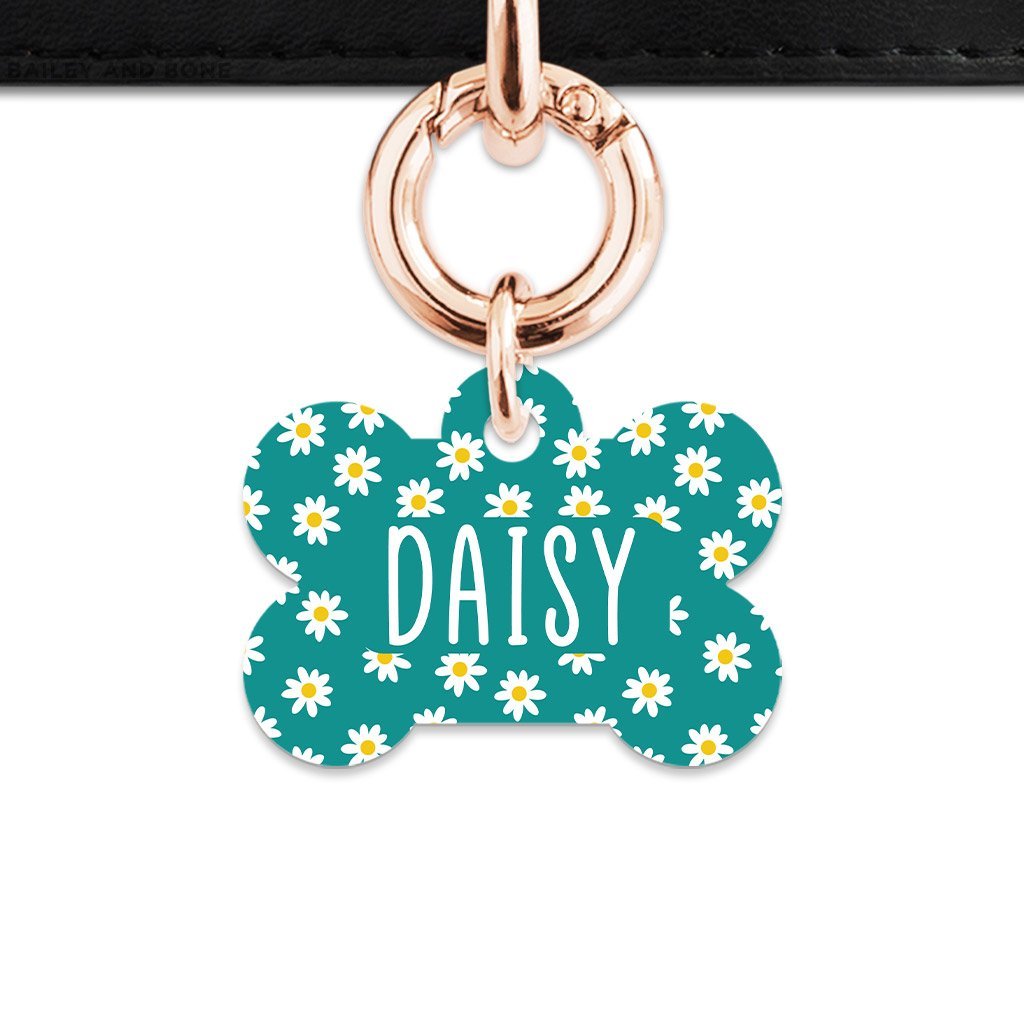 Bailey And Bone Pet Tag Bone / Rose Gold Teal Daisy Pattern Pet Tag