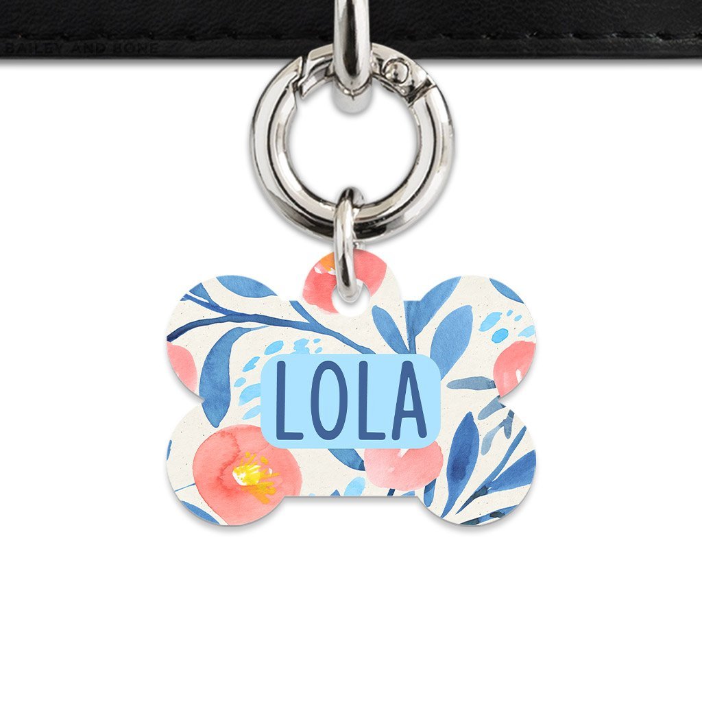 Bailey And Bone Pet Tag Bone / Silver Blue And Pink Watercolour Flowers Pet Tag