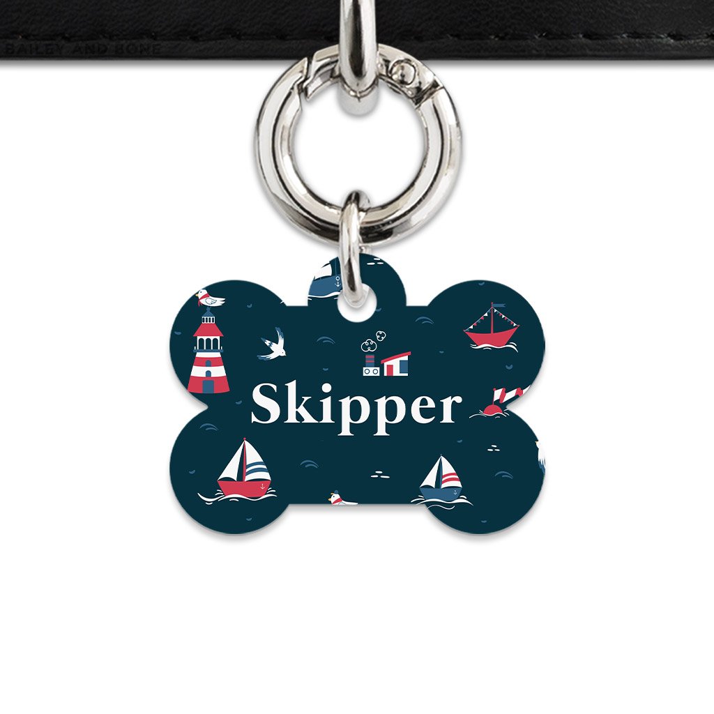 Bailey And Bone Pet Tag Bone / Silver Navy Blue Boats Pet Tag