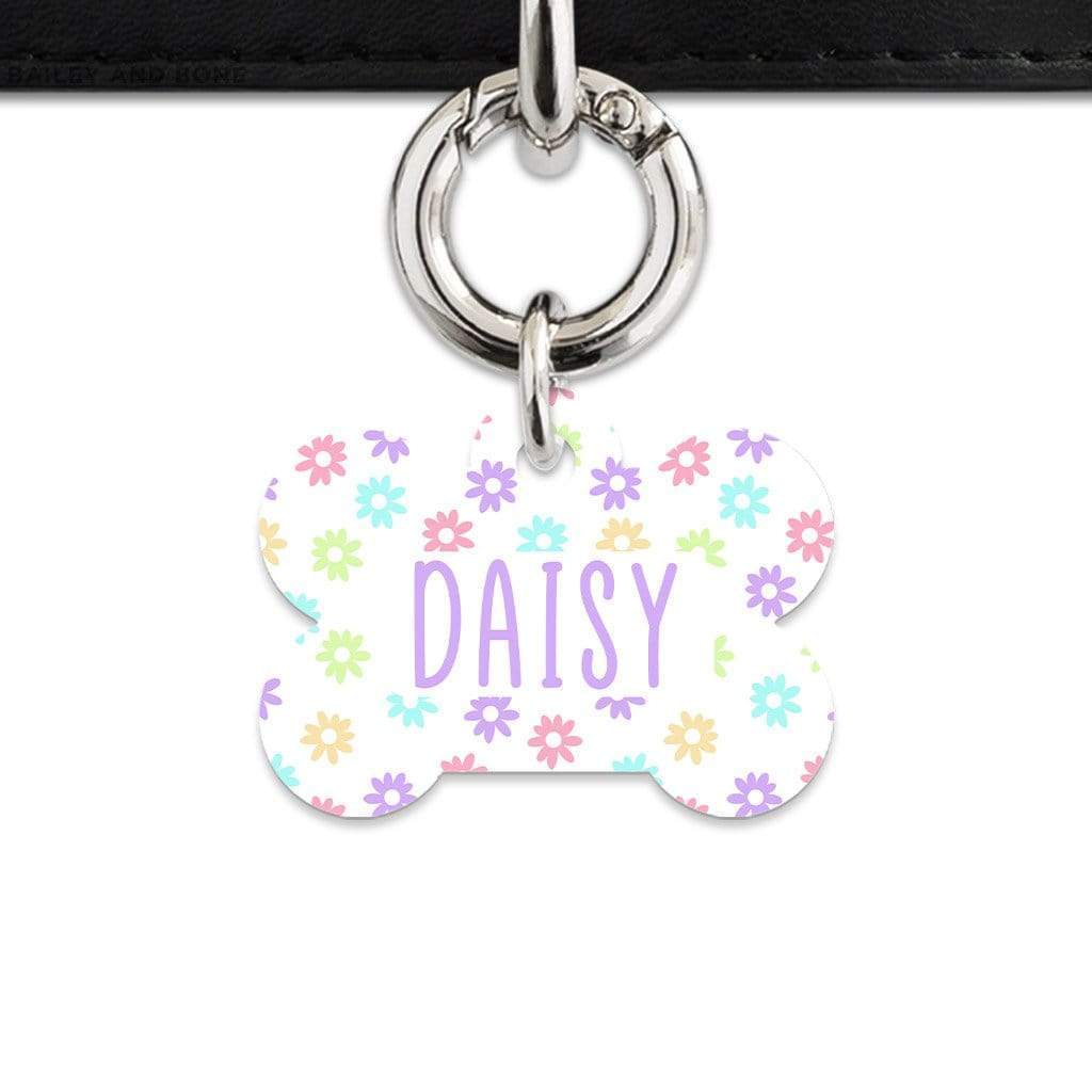 Bailey And Bone Pet Tag Bone / Silver Pastel Daisy Pattern Pet Tag