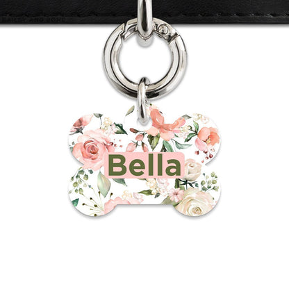 Bailey And Bone Pet Tag Bone / Silver Pink And Green Roses Pet Tag
