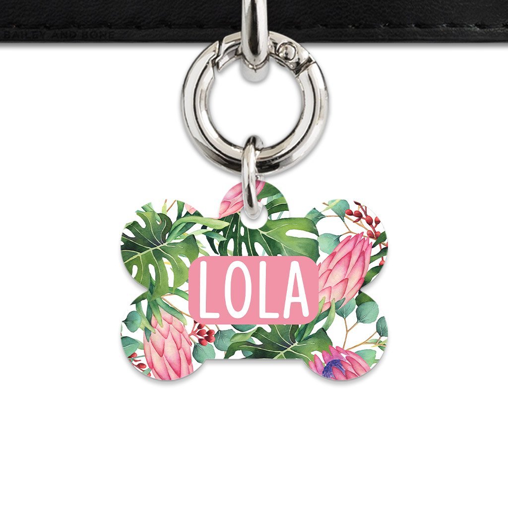 Bailey And Bone Pet Tag Bone / Silver Pink And Green Tropical Flowers Pet Tag