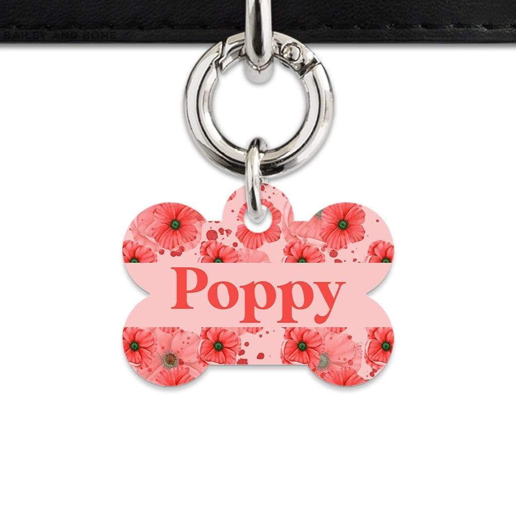 Bailey And Bone Pet Tag Bone / Silver Pink And Red Poppy Pet Tag
