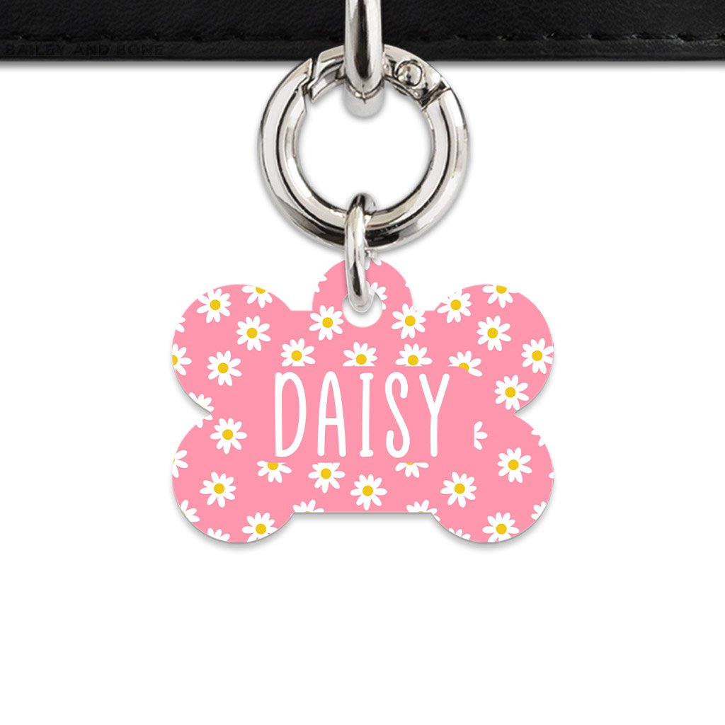 Bailey And Bone Pet Tag Bone / Silver Pink Daisy Pattern Pet Tag