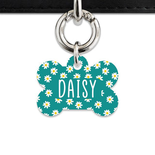 Bailey And Bone Pet Tag Bone / Silver Teal Daisy Pattern Pet Tag