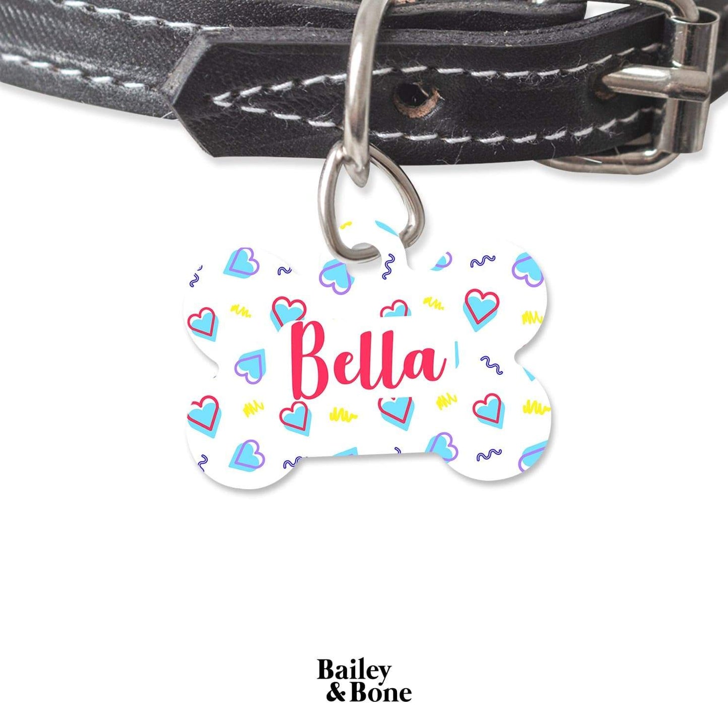 Bailey And Bone Pet Tag Bone White Retro Hearts Pet Tag