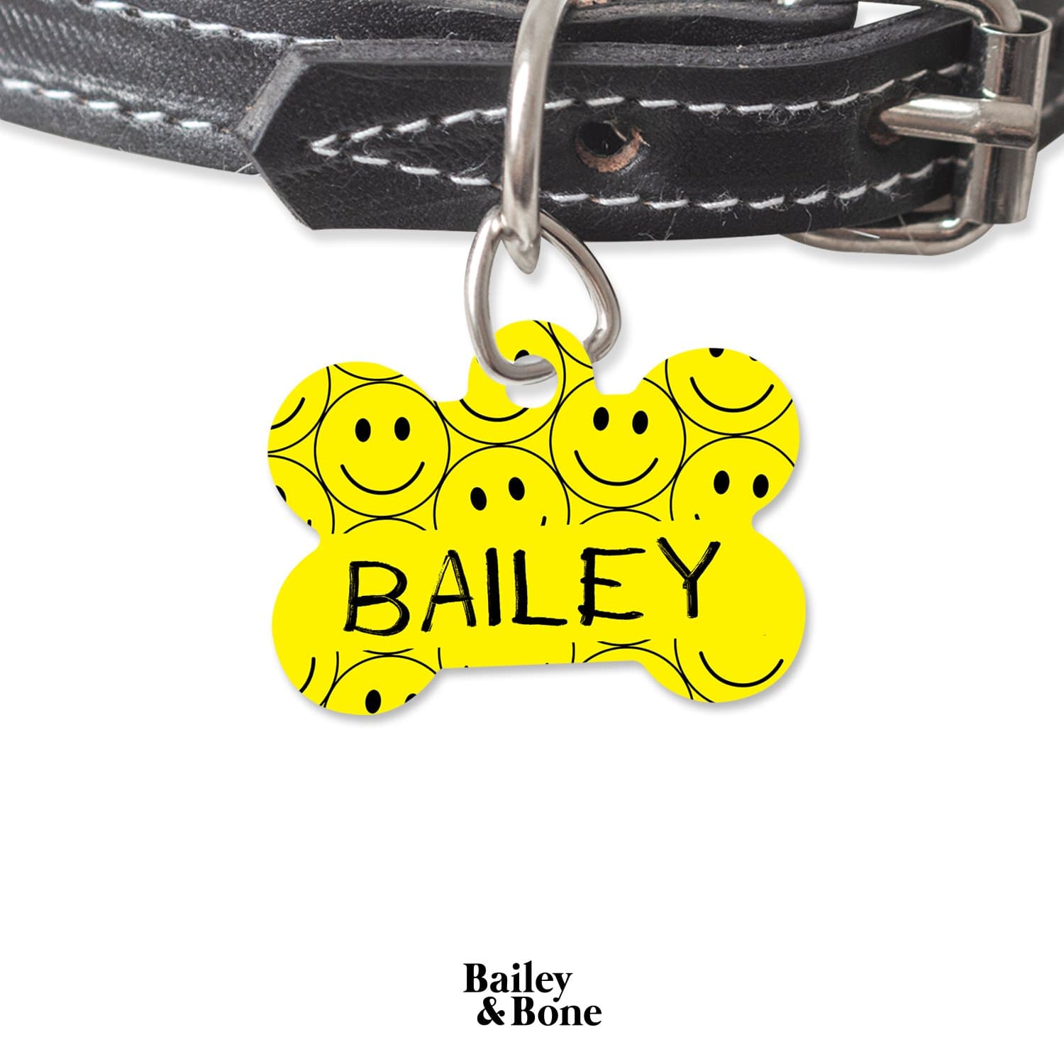Bailey And Bone Pet Tag Bone Yellow Smiley Face Pet Tag