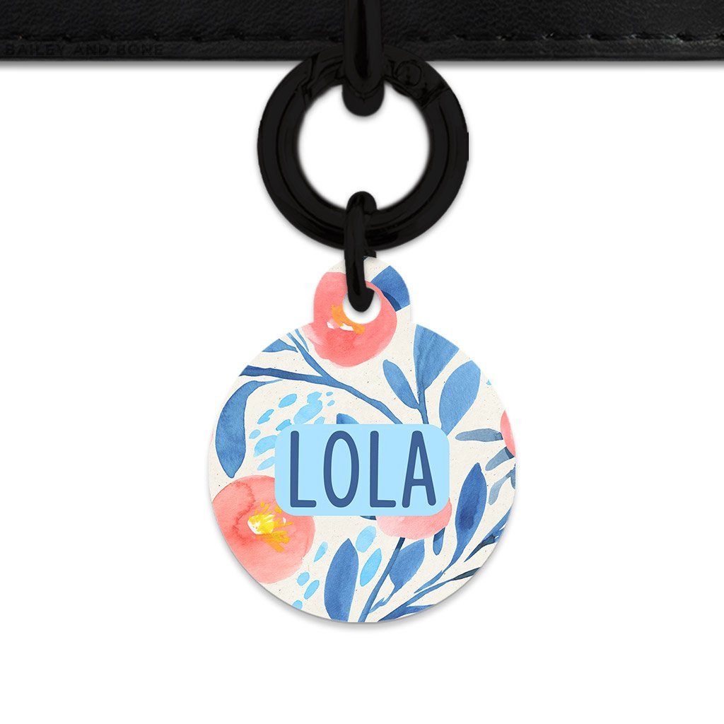 Bailey And Bone Pet Tag Circle / Black Blue And Pink Watercolour Flowers Pet Tag