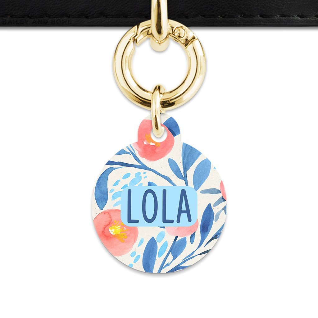 Bailey And Bone Pet Tag Circle / Gold Blue And Pink Watercolour Flowers Pet Tag