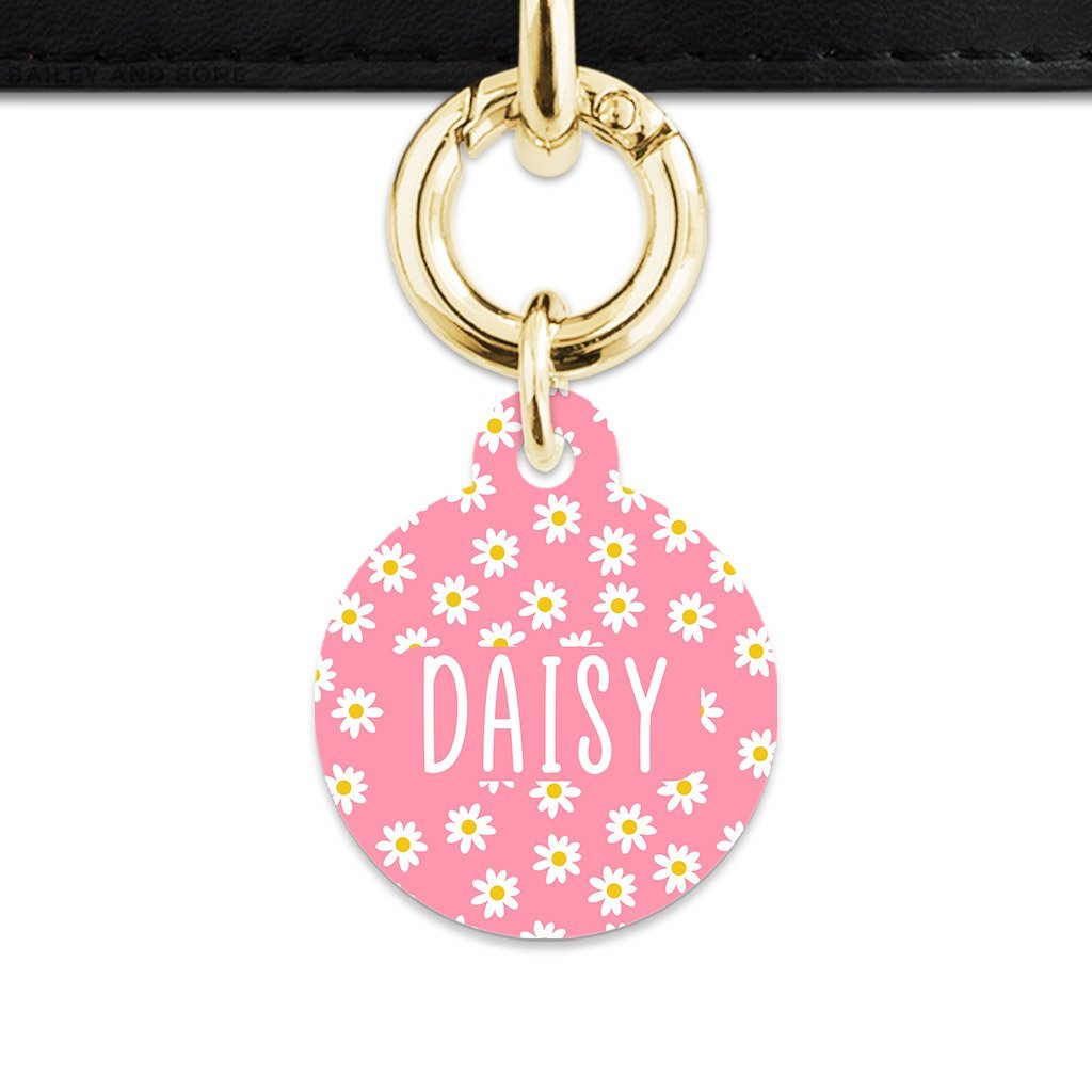 Bailey And Bone Pet Tag Circle / Gold Pink Daisy Pattern Pet Tag