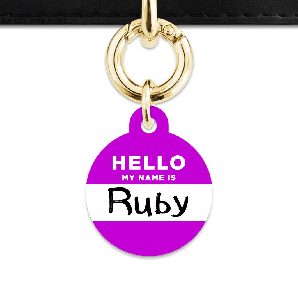 Bailey And Bone Pet Tag Circle / Gold Purple Hello My Name Is Pet Tag