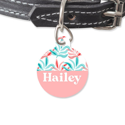 Bailey And Bone Pet Tag Circle Pink And Blue Tropical Leaves Pet Tag