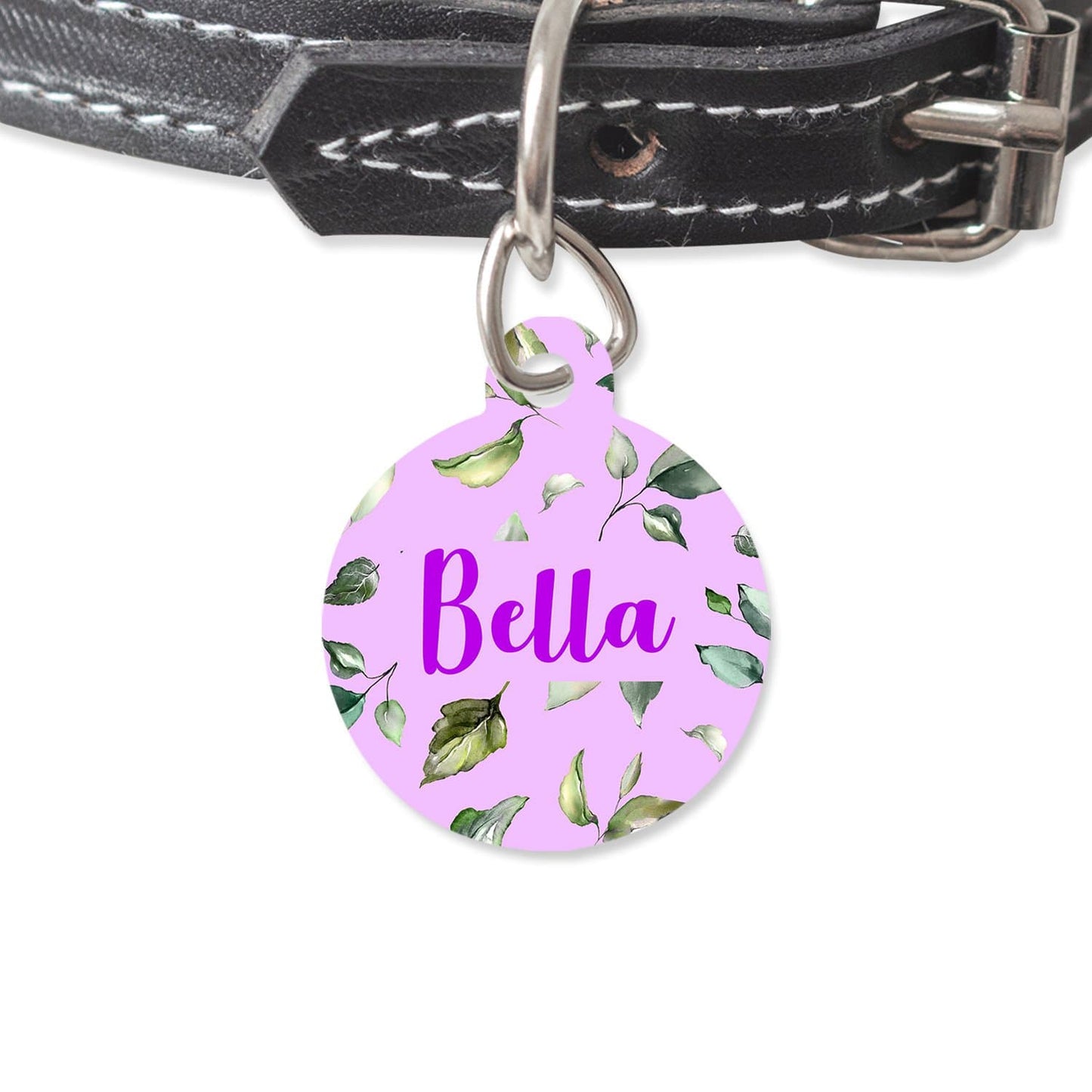Bailey And Bone Pet Tag Circle Purple And Green Leaves Pet Tag