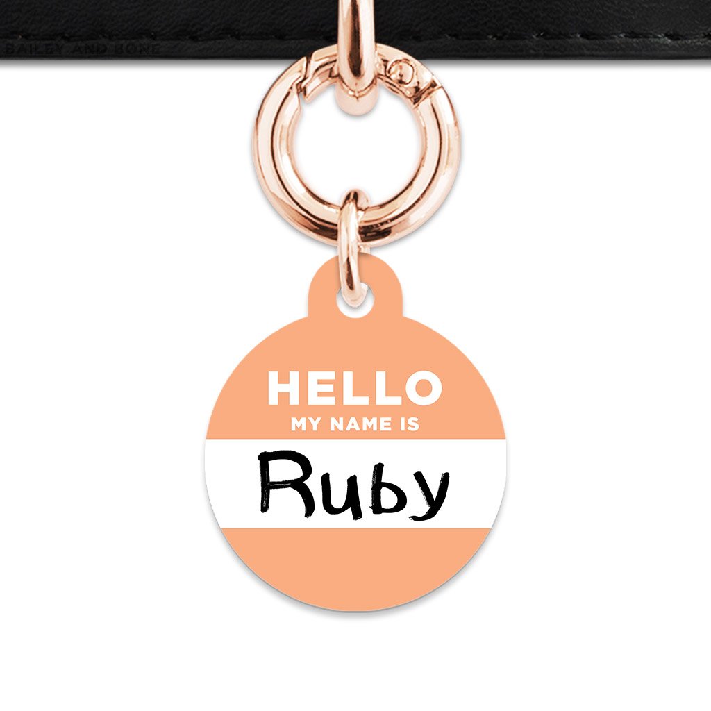 Bailey And Bone Pet Tag Circle / Rose Gold Pastel Orange Hello My Name Is Pet Tag