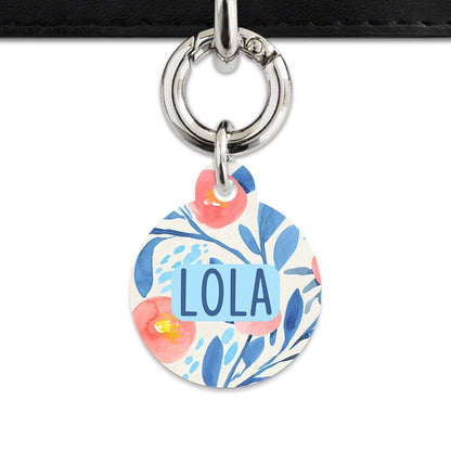 Bailey And Bone Pet Tag Circle / Silver Blue And Pink Watercolour Flowers Pet Tag