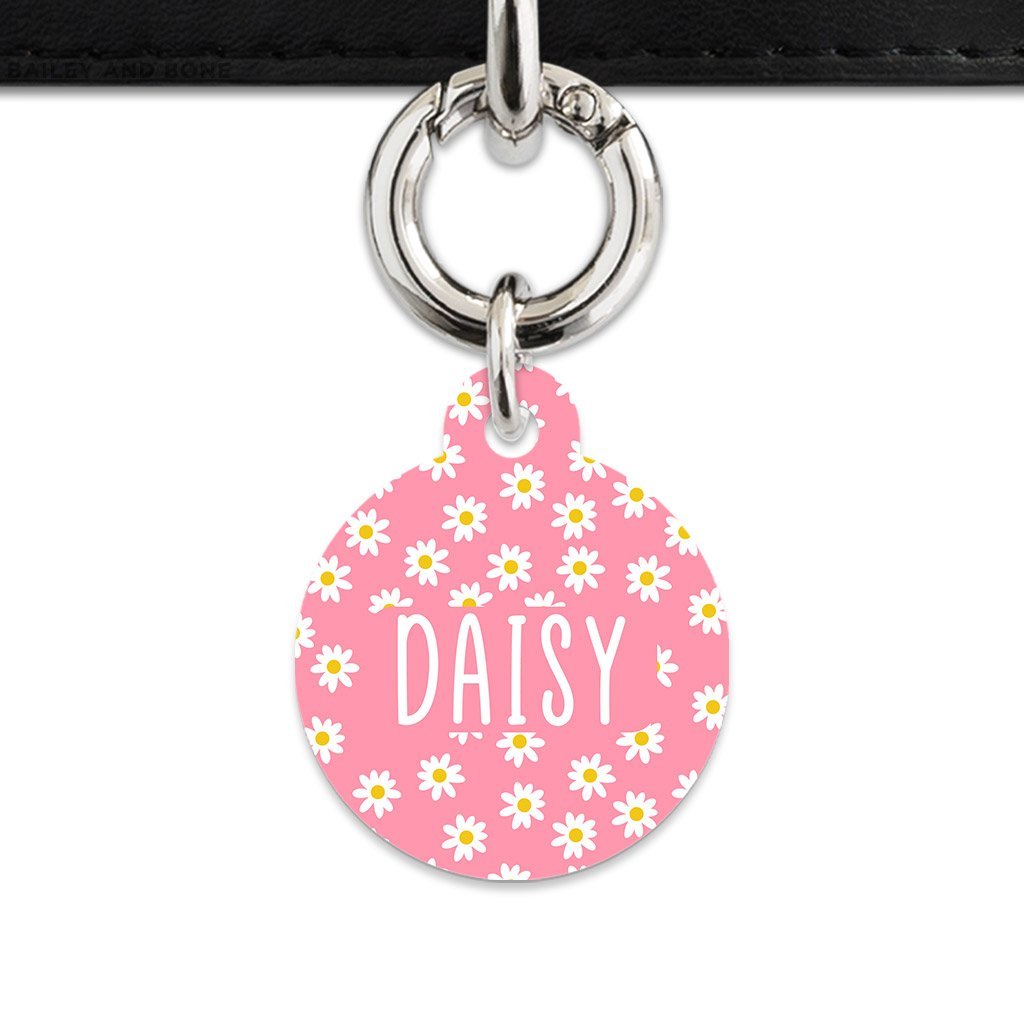Bailey And Bone Pet Tag Circle / Silver Pink Daisy Pattern Pet Tag