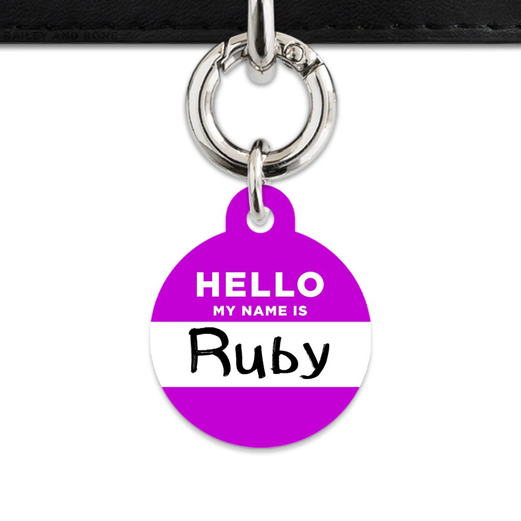 Bailey And Bone Pet Tag Circle / Silver Purple Hello My Name Is Pet Tag