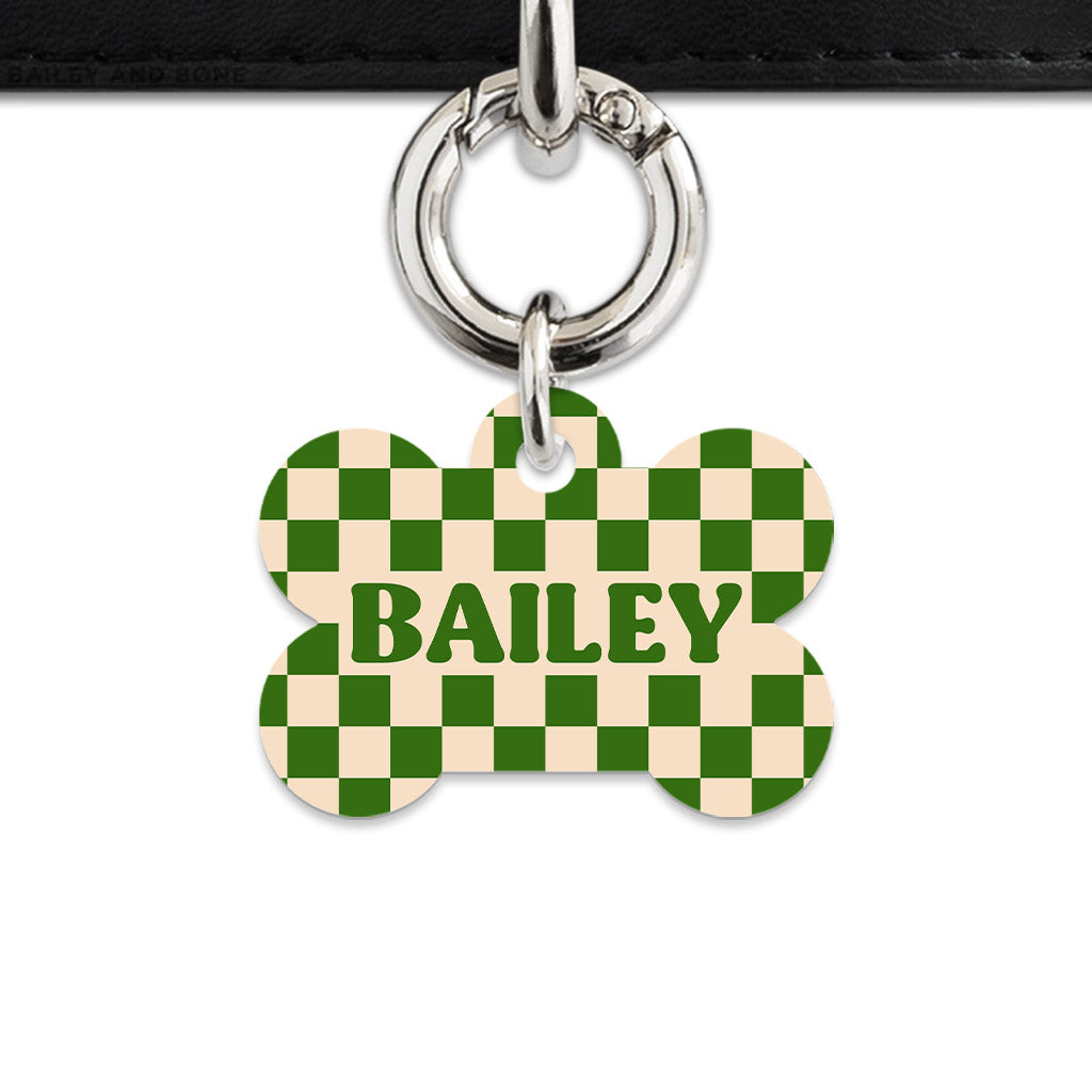 Bailey And Bone Pet Tag Green And Beige Checkers Pet Tag