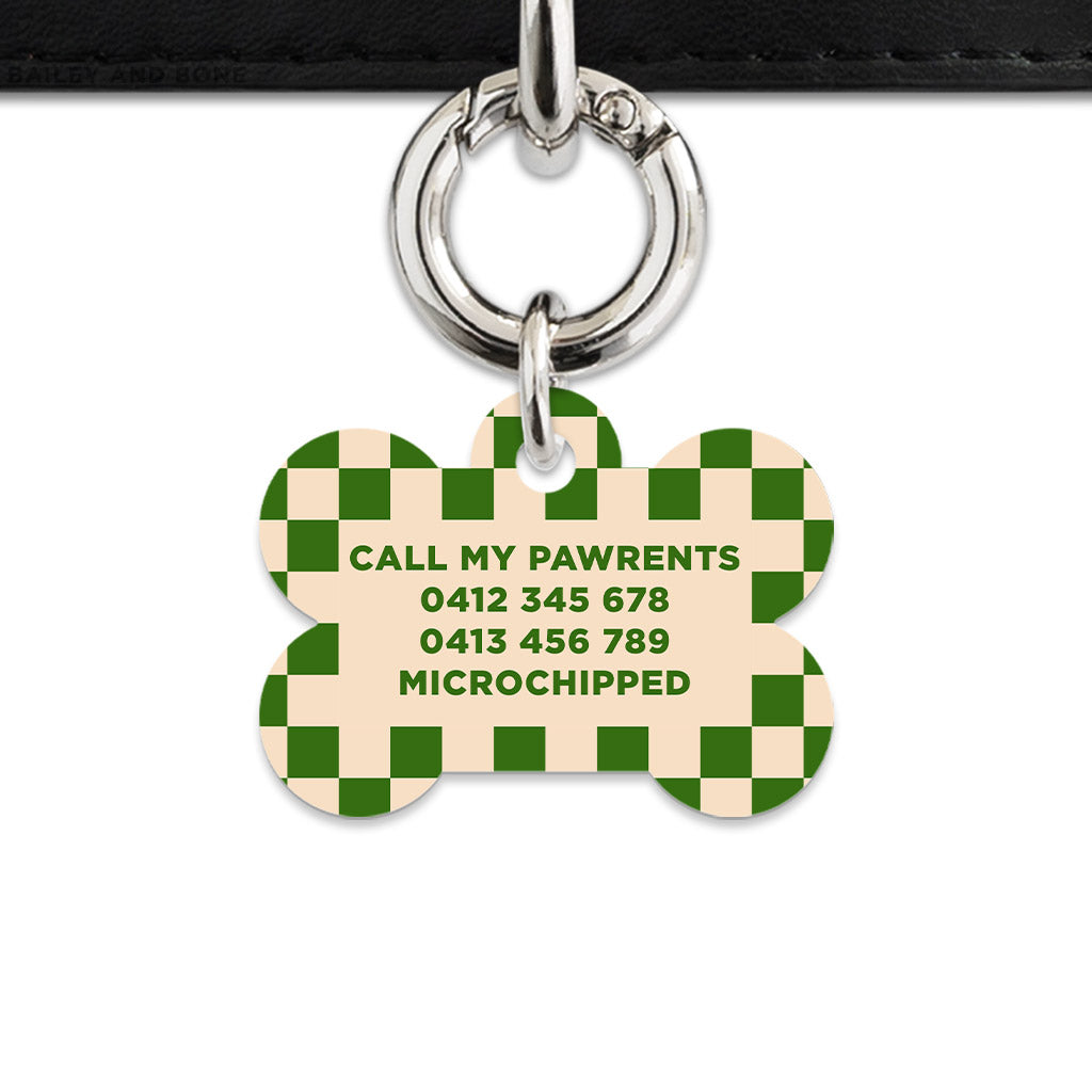 Bailey And Bone Pet Tag Green And Beige Checkers Pet Tag