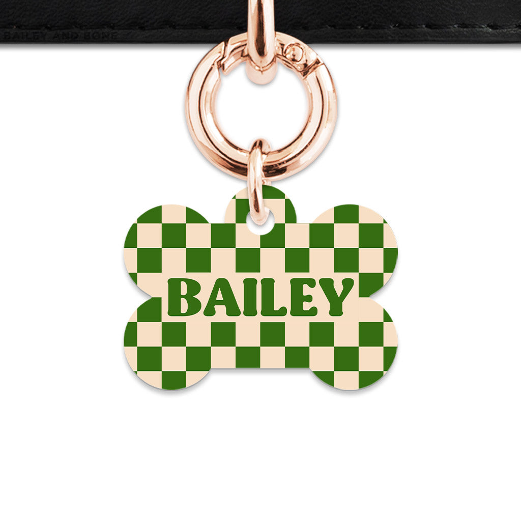 Bailey And Bone Pet Tag Green And Beige Checkers Pet Tag