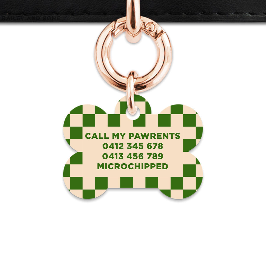 Bailey And Bone Pet Tag Green And Beige Checkers Pet Tag